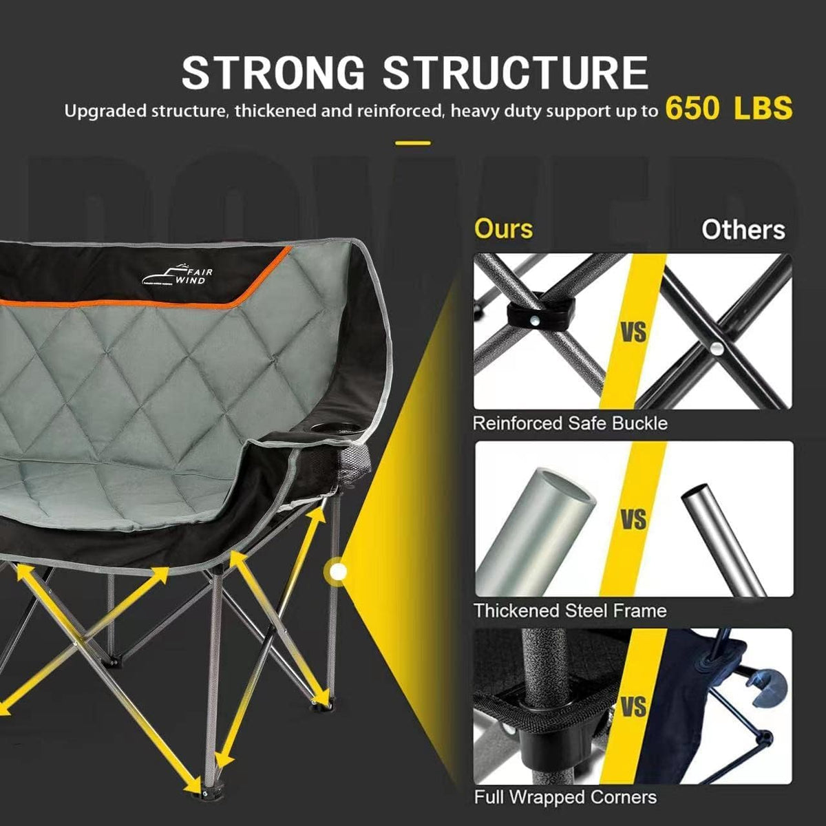 FAIR WIND Oversized 3 Person Camping Chair Padded Triple Loveseat Folding Camping Couch Duo Chair Heavy Duty Quad Fold Arm Chair with Cup Hold - Supports 900 LBS Black