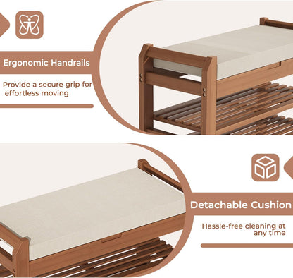 27.6" Bamboo Shoe Bench with Cushion, 2-Tier Storage Bench for Entryway, Heavy Duty Shoe Rack Organizer with Removable Soft Cushion for Living Room Bedroom Hallway