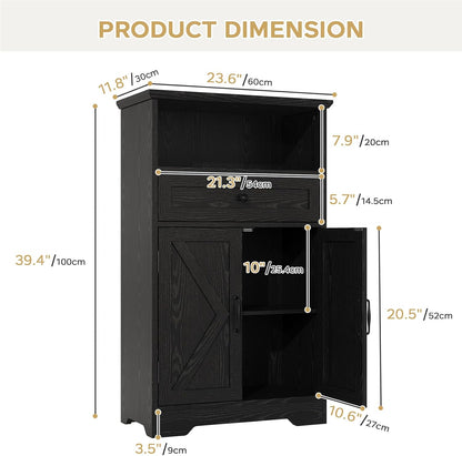 Floor Cabinet, Farmhouse Storage Cabinet with Barn Doors and Drawer, 11.81" D x 23.62" W x 39.37" H Black Freestanding Adjustable Shelf Organizer for Bathroom, Kitchen, Living Room