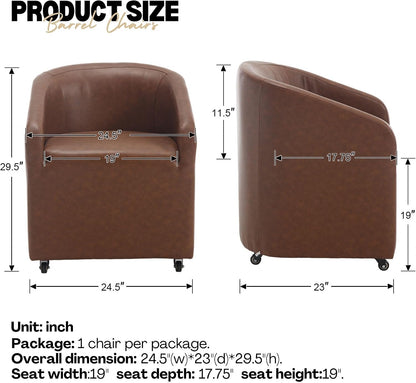BESTANO Set of 2 Modern Upholstered Dining Chairs with Swivel Casters, Faux Leather Barrel Back Accent Side Chair for Dining Room Living Room,Brown