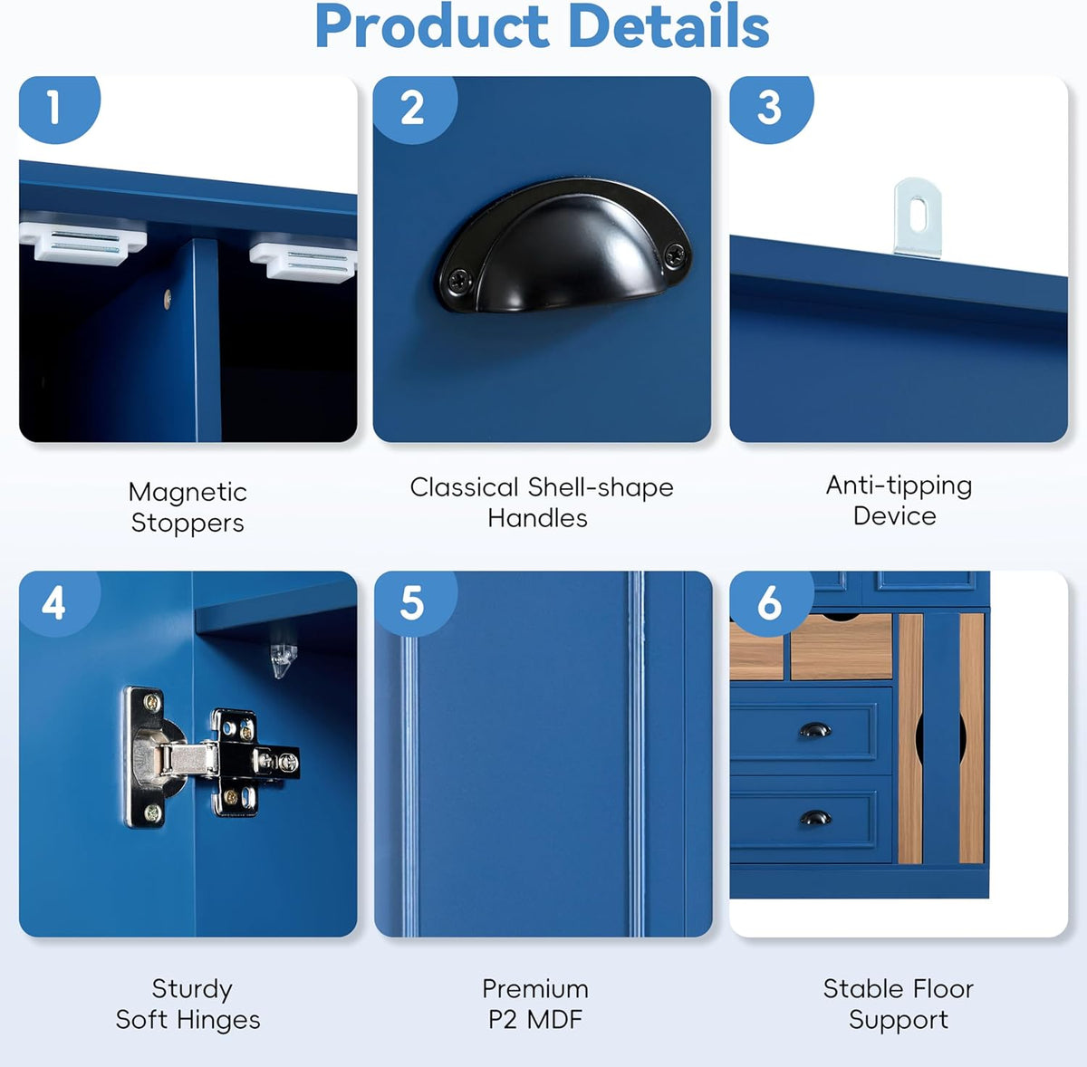 Large Kitchen Pantry Cabinet with 4 Foldable Doors and Storage Shelves, Farmhouse Freestanding Cupboard with Wine Racks, Power Outlet and Serving Trays (Blue)