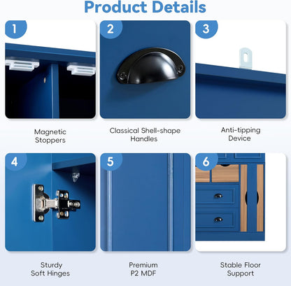 Polibi Farmhouse 71" Large Kitchen Pantry Cabinet with 4 Foldable Doors, Power Outlet, Wine Racks, Serving Trays, Adjustable Shelves & Drawers, for Dining Room Storage, Blue