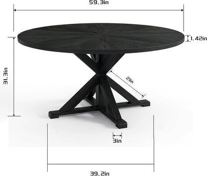 59" Solid Wood Round Dining Table for 6-8, Rustic Round Dining Room Table for Home Dining Room, Kitchen, Living Room, Wooden Trestle Pedestal Base, Black