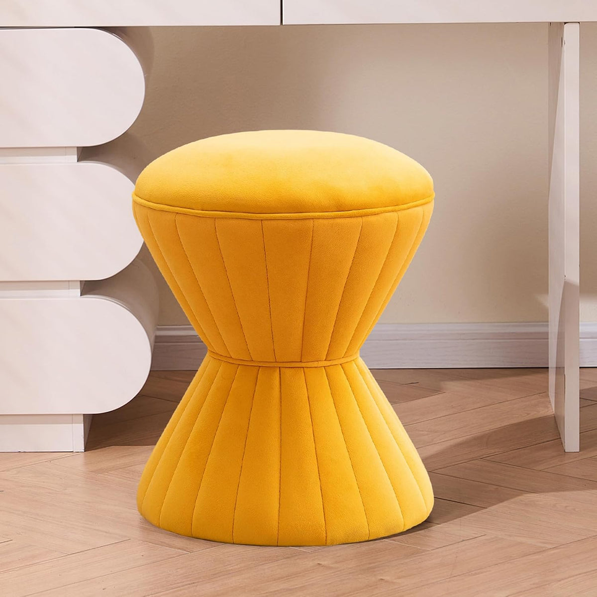 Multifunction Velvet Ottoman, Upholstered Vanity Stool Chair, Sturdy Round Footstool for Makeup, Living Room, Bedroom, Entryway (Mustard)