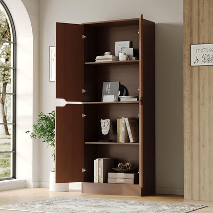 Housoul 71" Tall Kitchen Pantry Cabinet with 4 Doors, Walnut | Pantry Storage Cabinet with Adjustable Shelves, Freestanding Kitchen Pantry Cabinet, Cupboard Larder Cabinet for Dining Room