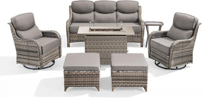 Luxury Patio Furniture Set with 6-inch Thick Cushion, Outdoor Furniture with Fire Pit Table, Swivel Chairs, Sofa, Side Table, Ottomans, 7pcs Wicker Conversation Set (Grey Wicker/Grey Cushion)