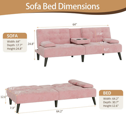 JAMFLY Futon Sofa Bed, 64" Small Futon Couch with Adjustable Backrest, 3-Angle Recliner, Detachable Armrests with Cup Holders for Small Spaces (Pink Velvet)