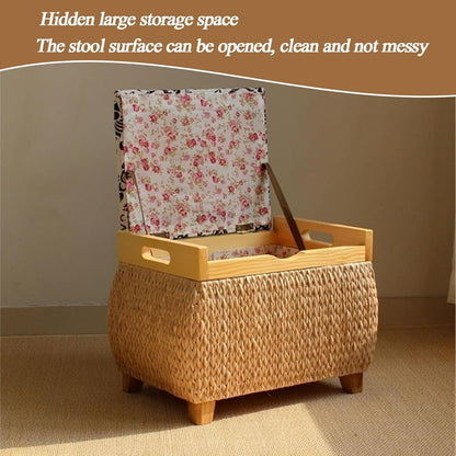 Ottoman with Storage Rattan Woven ，Bench with Padded Seat End of The Bed Entry Bench Footrest Stool for Hallway Living Room(Primary color1,40cm/15.7in)