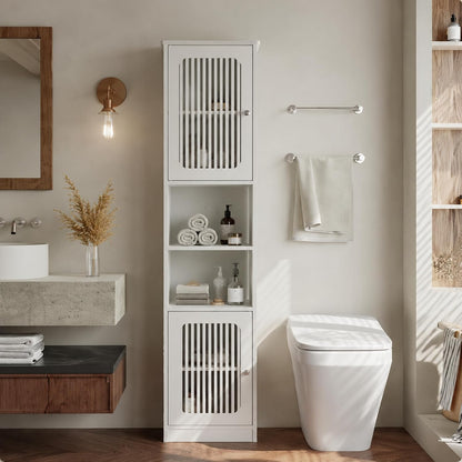 64" Tall Bathroom Cabinet, White Floor Standing Storage | Narrow unit with adjustable shelves & louvered doors, ideal for bathroom, laundry room, maximizing vertical space.