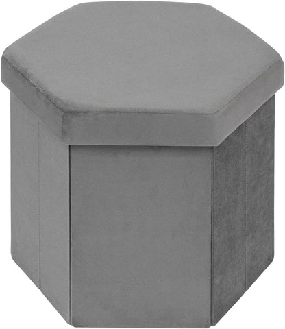Hexagon Storage Ottoman, 15 Inch Foldable Footstool Charcoal Grey | Soft Velvet Upholstery, Hidden Storage, Compact Footrest, Small Accent Ottoman for Entryway, Living Room and Dorm