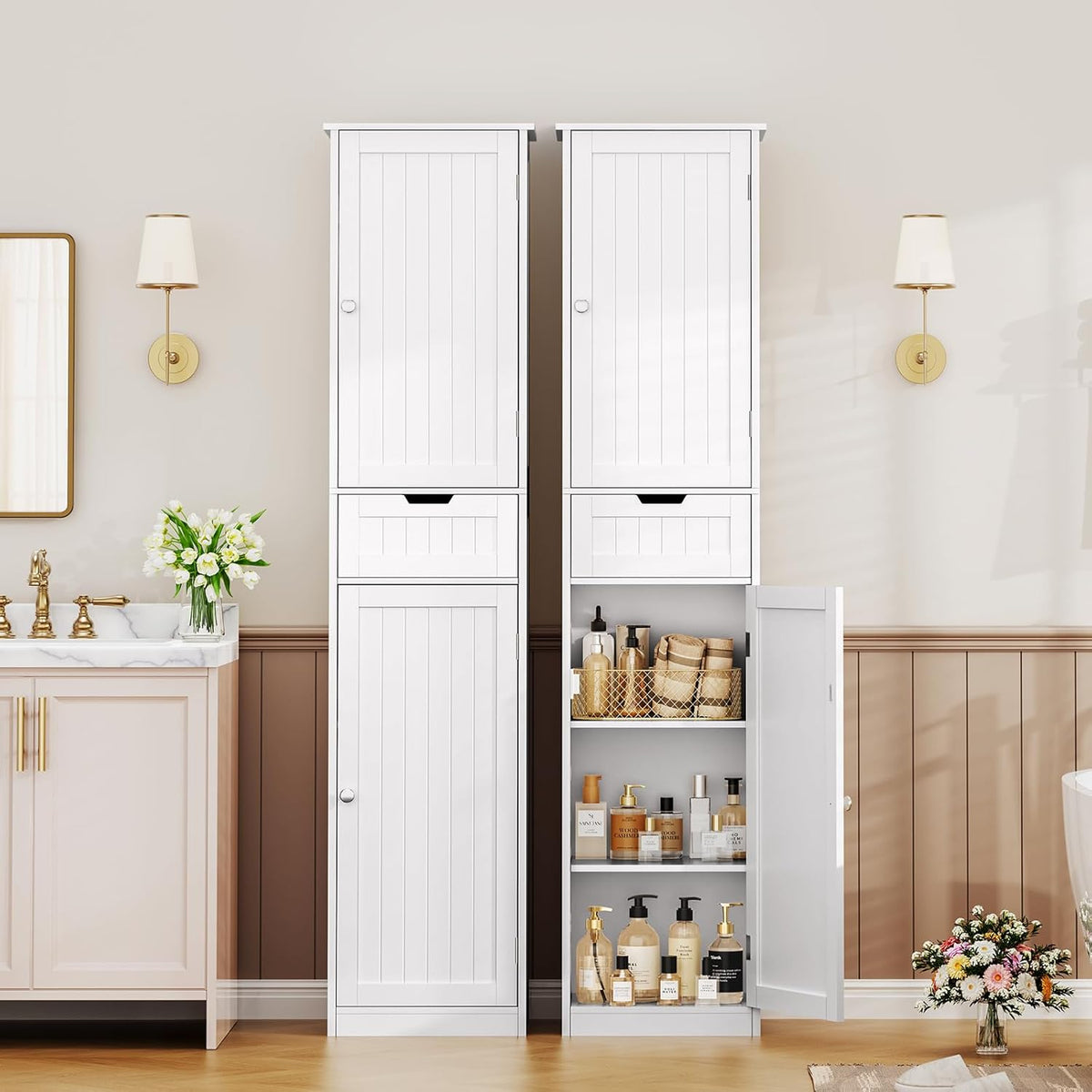 Iwell 67" Tall Bathroom Cabinet, Storage Cabinet with 2 Doors & 1 Drawer, Bathroom Storage Cabinets with Adjustable Shelves, for Living Room, Entryway, Home Office, White