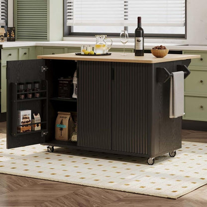 Kitchen Table with Storage with Drop Leaf Height-Adjustable Shelves, Island Kitchen with Wheels Towel Rack， for Kitchen, Dining Room, Black