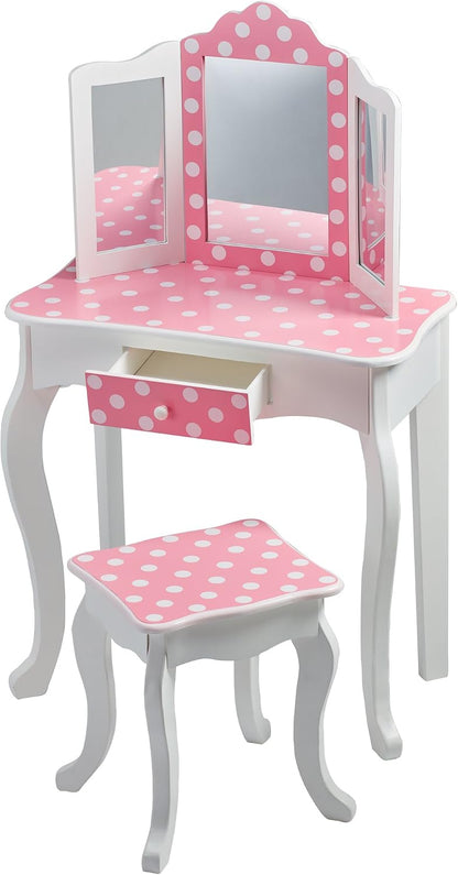 Teamson Kids Princess Gisele Polka Dot Print 2-Piece Kids Wooden Play Vanity Set with Vanity Table, Tri-Fold Mirror, Storage Drawer, and Matching Stool, White with White/Pink Polka Dot Accent