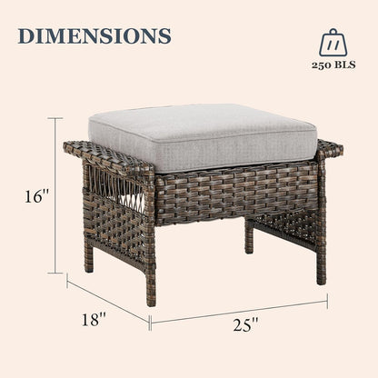 Patio Ottomans 2 Piece Outdoor Wicker Ottomans PE Rattan Footrest with Thickened Cushions Footstools for Garden Sunroom Deck Porch Balcony Poolside, Ottomans(2PCS), Brown|Beige