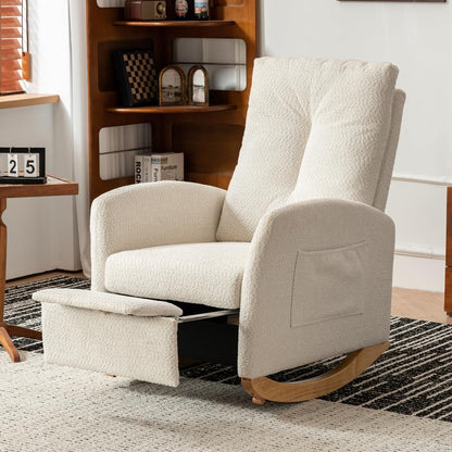 Chair with Footrest High Back Rubber Wood Rocking Legs Bedroom Living Space (Beige + Wood)