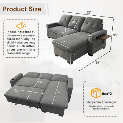 82" L Shaped Sleeper Sofa Bed, Pull Out Sectional Couch with Storage Chaise/Reclining Backrest, Sectional Couches for Living Room with USB Port, Foldable Table, Cup Holder, Side Pocket, Light Grey
