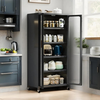 Spaco 65" Kitchen Pantry Storage Cabinet,5 Tiers Food Pantry Cabinet with Adjustable Shelves & Transparent Door,Metal Display Storage Cabinet on Wheels for Kitchen,Living Room and Dining Room. (Grey)