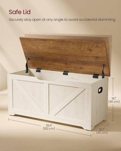 VASAGLE Storage Chest, Storage Bench with 2 Safety Hinges, Farmhouse Style, 15.7 x 39.4 x 18.1 Inches, for Entryway, Bedroom, Living Room, Honey Brown and Rustic White ULSB060WJ01S