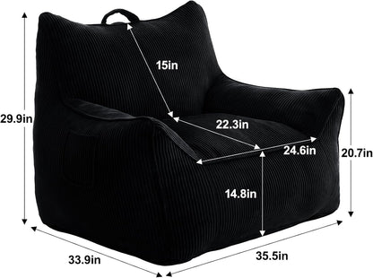 Vipbear Bean Bag Chair for Adults, Chair with Memory Foam | 35.5" Corduroy Beanbag Washable, Cozy Fluffy Chair with Pocket & Handle, Ergonomic Bedroom Sofa Chair for Gaming, Reading