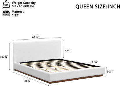 Christopher Knight Home Bettine Modern Boucle Queen Size Bed Frame with Headboard, Solid Wood Queen Bed Frame, Slat Panel Support Platform Bed, No Spring Box Needed, Heavy Duty, White+Brown