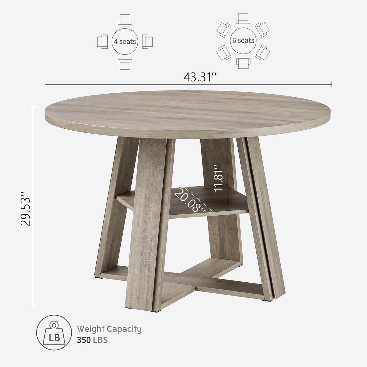 GarveeHome 43.3" Round Dining Table for 2-4 People, Circle Kitchen Table with Wooden Pedestal Base and Storage Shelf for Small Space Saving for Living Room, Apartment (Table Only)