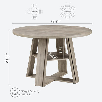 GarveeHome 43.3" Round Dining Table for 2-4 People, Circle Kitchen Table with Wooden Pedestal Base and Storage Shelf for Small Space Saving for Living Room, Apartment (Table Only)