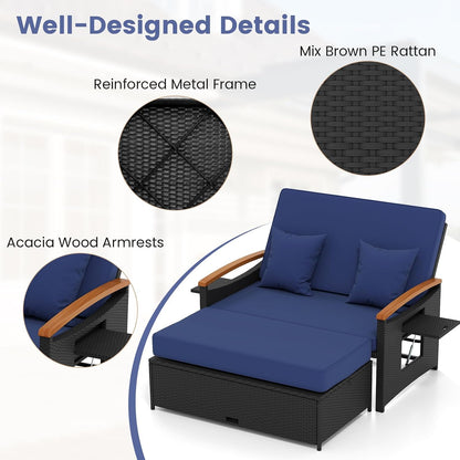 Tangkula Patio Rattan Daybed with 4-Level Adjustable Backrest, Outdoor Wicker Loveseat with Acacia Wood Armrest, Storage Ottoman & Folding Tray, Double Sunbed for Yard & Poolside (Navy & Black)