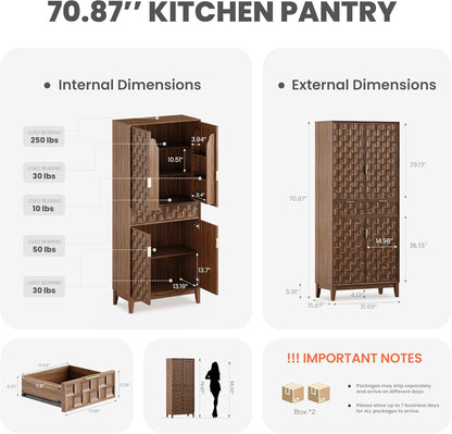 Pantry Cabinet, 71" Tall Pantry Cabinet,Modern Kitchen Cabinet with Doors, Drawers & Adjustable Shelves, Freestanding Food Pantry Cupboard with Side Rack for Kitchen Dining Room,Walnut