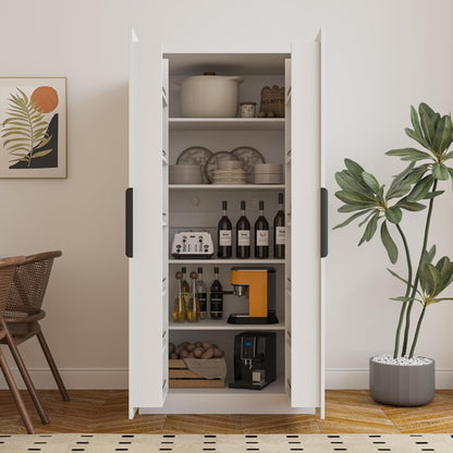 Standalone Pantry Cabinet Buffet Sideboard Cupboard with Double Doors, Multi-Level Shelving, Tall Organizer Storage for Kitchen Dining Living Hallway Bathroom, Modern Retro Furniture (White)