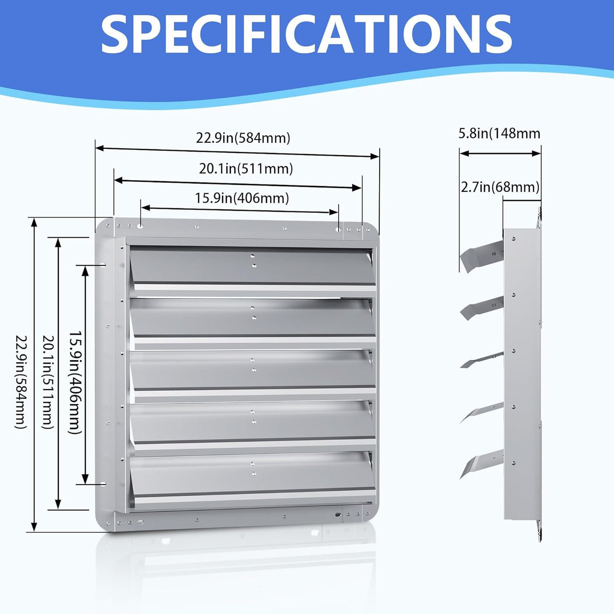 20 Inch Galvanized Shutter Exhaust Louver Vent, Automatic Gravity Shutter Louver Vent for Home Attics, Workshops, Barn, Greenhouse (Motor&Blades are not Included)