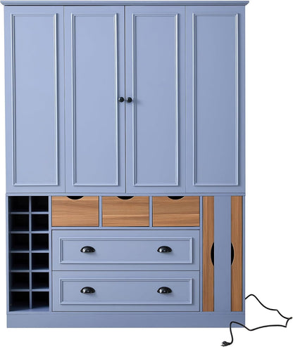 LUMISOL Farmhouse Kitchen Pantry Cabinet, 71" Tall Freestanding Storage Cabinets with Foldable Doors, Power Outlet and Shelves, Dining Storage Cabinet Cupboard with Wine Racks and Serving Trays, Gray