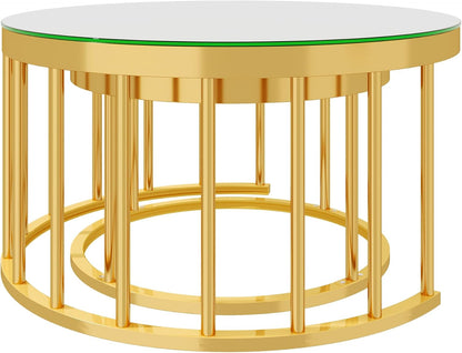 JIVOIT 2-Piece Round Nesting Coffee Table Set with Gold Metal Frame | Modern Circular Cocktail Table, Tempered Glass Tabletop, Accent Nesting Tables, Rounded Edge, Space-Saving, Living Room