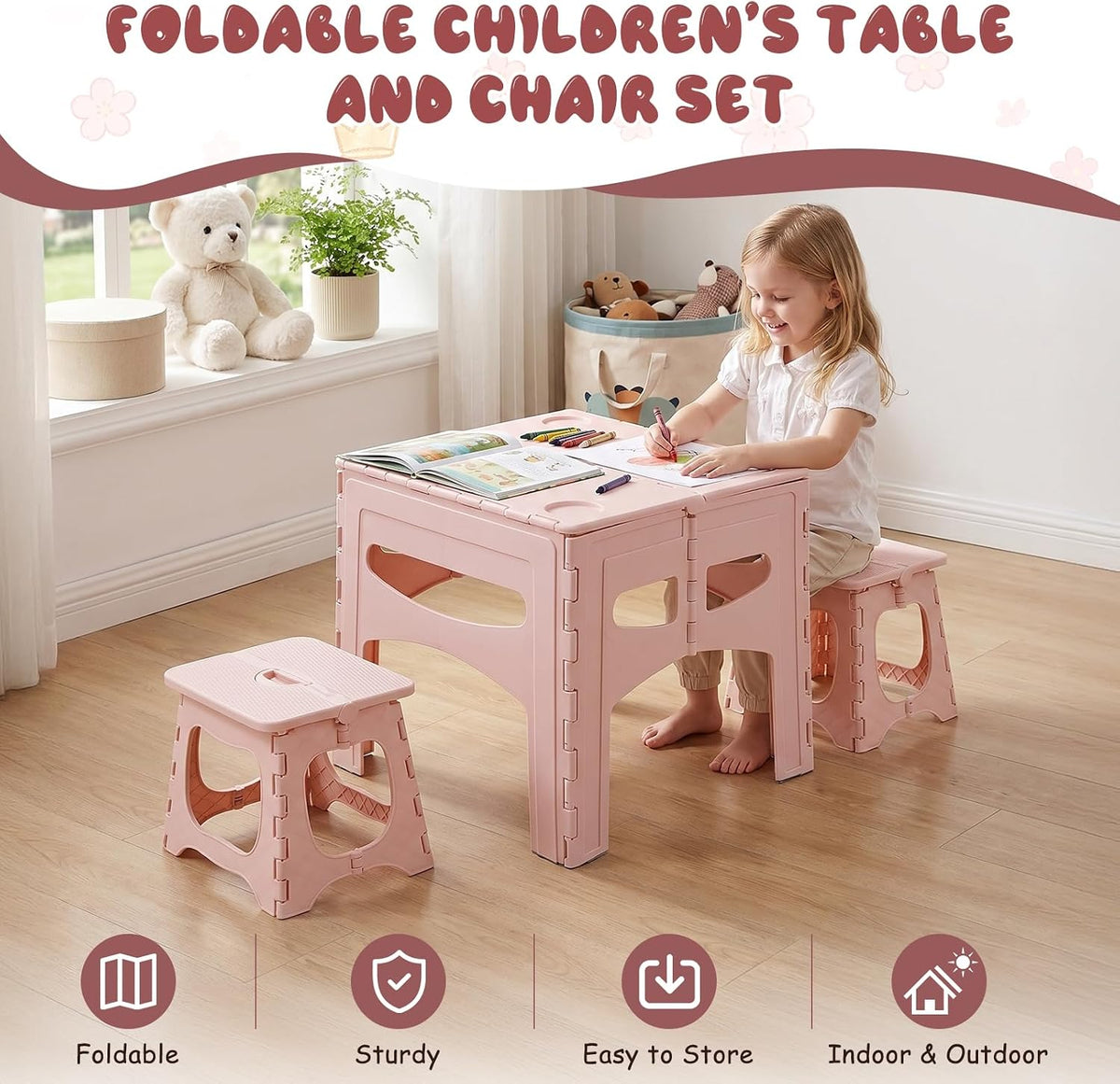 3-Piece Plastic Kids Folding Table and Chairs Set, Portable Activity Furniture with 2 Foldable Chairs for Playroom, Crafts, Snacks, Learning, Indoor Outdoor Use and Small Spaces Light Pink
