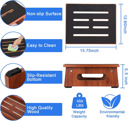 One Step Stool for Adults Seniors with Non-Slip Rubber Stepping Feet, Heavy Duty Wooden Step Stools for Bathroom, Bedroom, Kitchen & Bedside Support (Rustic Brown, 5.5 Inch-Noctilucent)