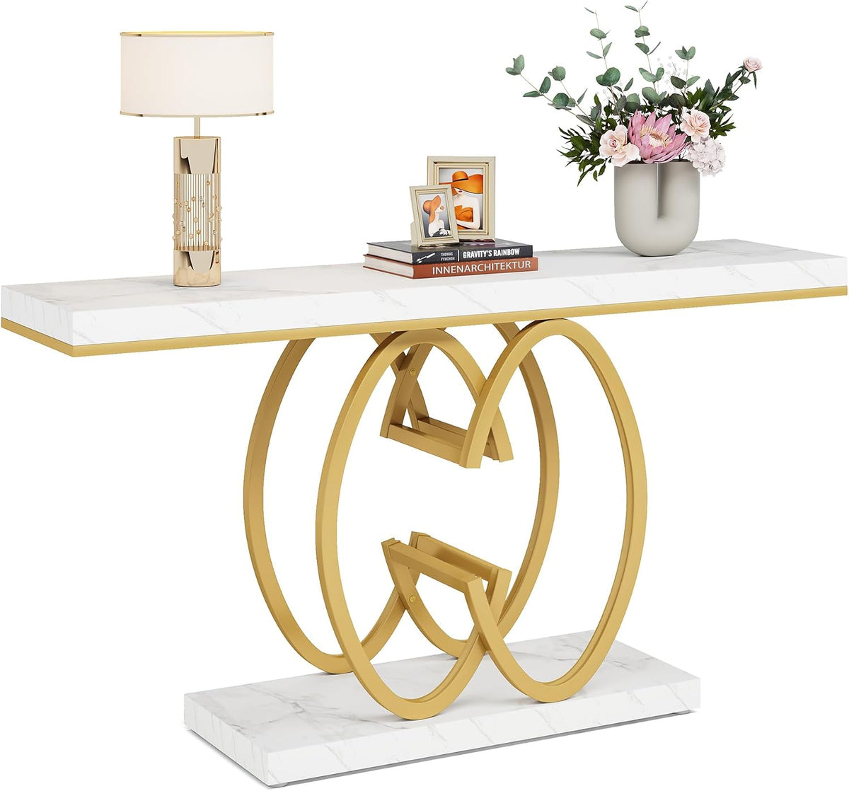 Tribesigns 55 Inch Console Table for Hallway, Faux Marble Gold Entryway Table with Geometric Metal Base, Modern Narrow Sofa Accent Table for Entrance, Living Room, Foyer (White & Gold)