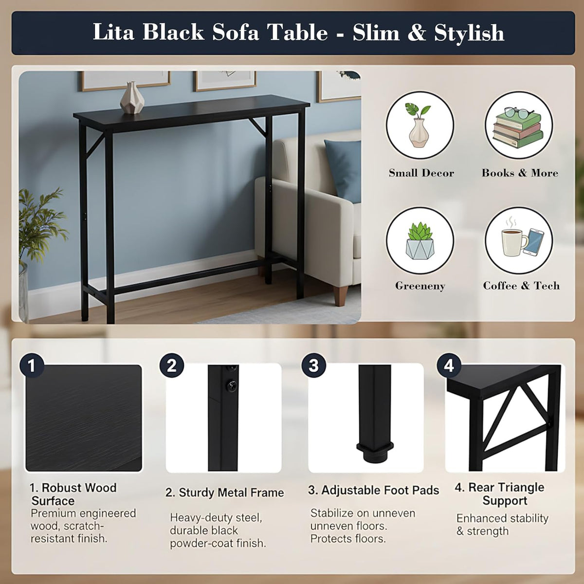 LITA Console Table, 29.5" Narrow Entryway & Thin Sofa Table for Behind Couch, Accent Table for Hallway, Living Room & Bedroom, Black