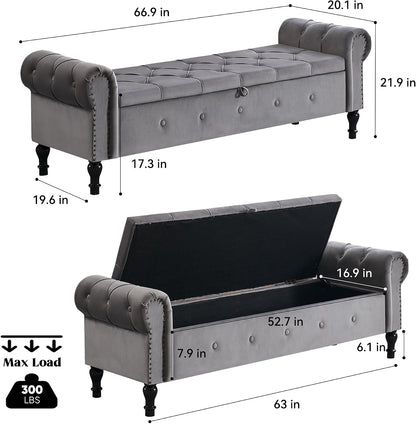 Storage Bench 67" Velvet End of Bed Benches Dark Grey | King Size Storage Bench for Bedroom with Rolled Arms Tufted Ottoman Benches Upholstered Bench for Living Room Entryway