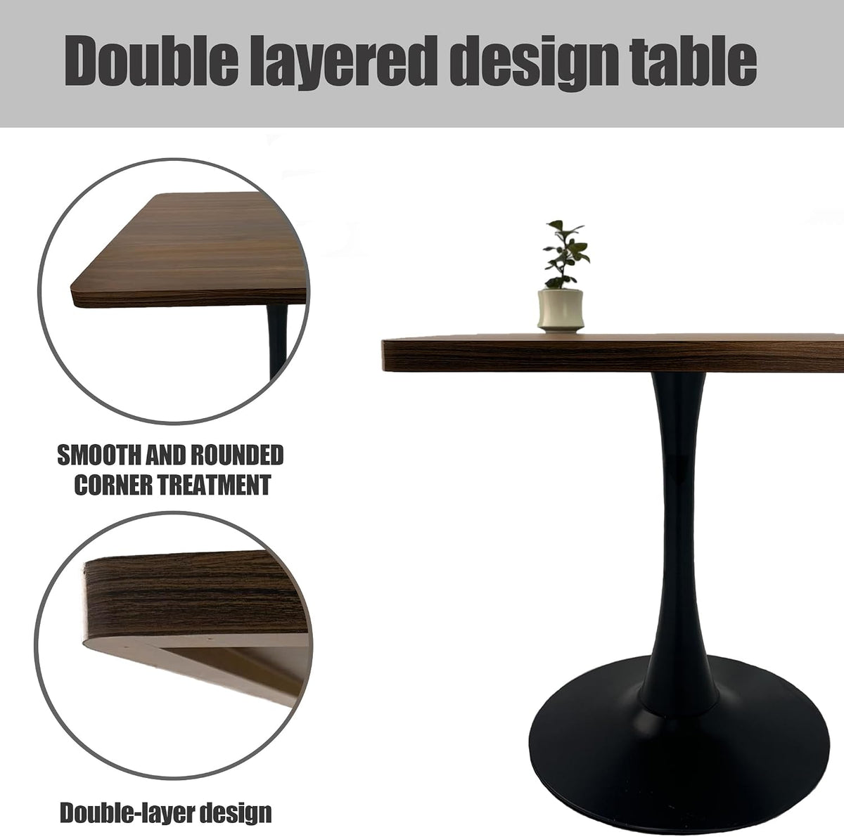27.6" Tulip Table for 2-3 Persons Walnut Modern Square Dining Tables Mid-Century Leisure Table Thickened Wooden MDF Top Black Metal Base, for Living Room Kitchen (Walnut,27.6")