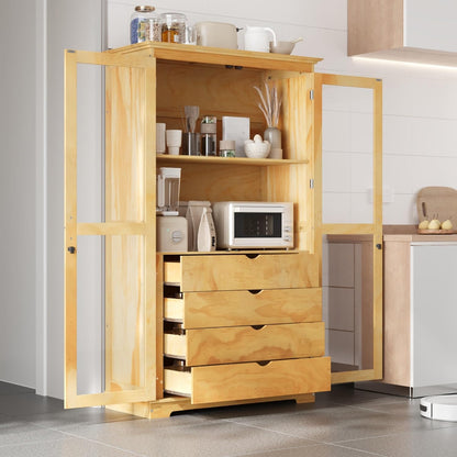 Freestanding pantry organizer armoire solid pine wood, glass double doors, four sliding drawers, adjustable shelf, kitchen hutch for dining area, office, living room display cupboard (Natural)