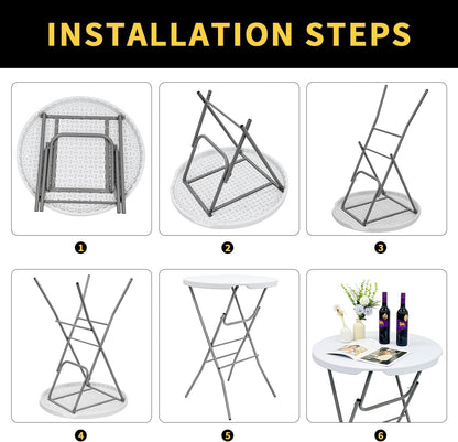2 PCS - 31.5" L X 31.5" W X 43" H - Cocktail Table White High Top Folding Table, Portable Bar Height Folding Table Round with Detachable Gray Legs