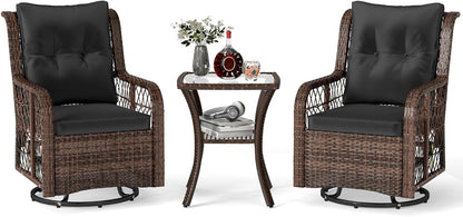 Tangkula 3 Pieces Outdoor Swivel Rocker Set, Rattan Wicker Patio Rocking Cushioned Chairs Set of 2 with Small Side Table, for Backyard, Poolside, Balcony, Lawn, Deck