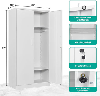 Metal Wardrobe Cabinet with Hanging Rod & Lock,White Armoire Wardrobe Closet,Metal Clothing Storage Cabinet with Adjustable Shelves and Doors,72" Armoire Storage Cabinets for Home,Living/Laundry Room
