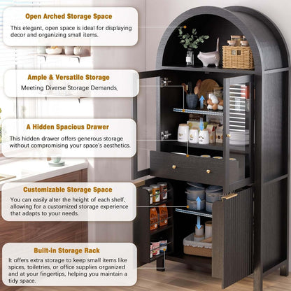 71" Tall Arched Pantry Cabinet with Glass Doors, Fluted Kitchen Storage Cabinet with Adjustable Shelves & Hidden Drawer, Freestanding Display Cabinet for Kitchen, Black