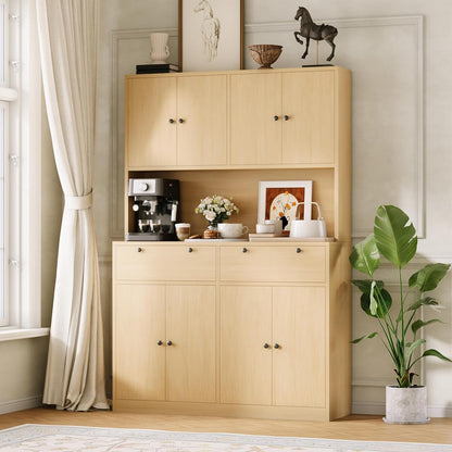 Modern Tall Kitchen Pantry Cabinet with Charging Station - 71" Height, 47" Wide Hutch, 2 Drawers, 8 Doors, Adjustable Shelves, Countertop - Dining Room or Kitchen Storage - Natural Wood
