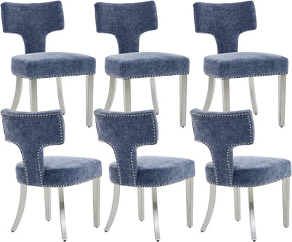 Shenyon Mid Century Modern Dining Chairs Set of 6, Chenille Fabric Upholstered Dining Room Chairs Curved Backrest with Nailhead Trim, Kitchen Chairs with Silver Stainless Steel Legs, Blue