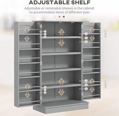 41" Paper Gray Kitchen Pantry Cabinet Freestanding Vertical Cupboard with Double Doors 5-Tier Interior Shelves & 12 Door Racks Adjustable Storage