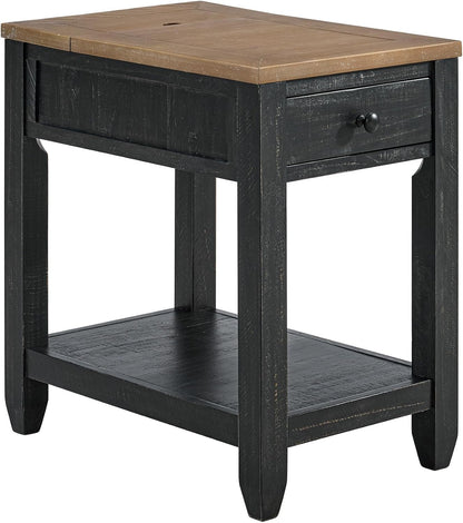 Martin Svensson Home Napa Farmhouse Chairside End Table with Charging Station, Solid Wood Narrow Side Table with Drawer & Shelf, Rustic Accent Table for Living Room or Bedroom. Black and Driftwood.