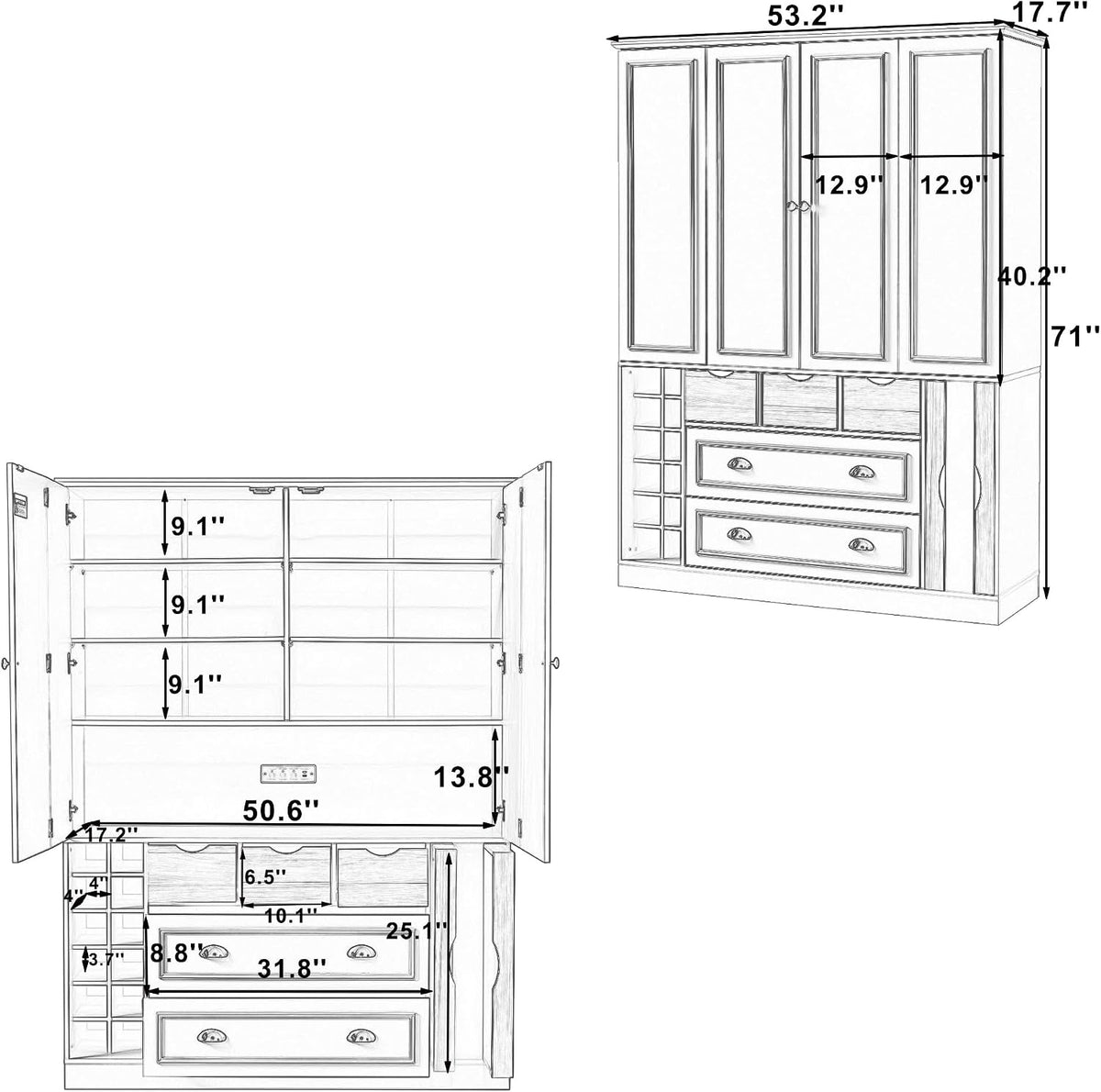 Farmhouse Kitchen Pantry, Sideboard with Power Outlet, Shelves, White | Spacious 53.2"L x 17.7"W x 71"H floor cabinet with 4 foldable doors, built-in power outlet, wine racks, and serving trays