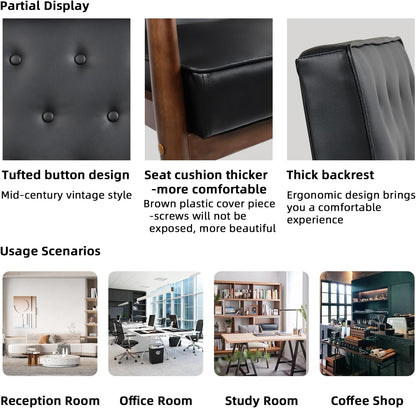 Waiting Room Accent Chairs Set of 2, Black Leather ArmChairs, Office Guest | STHOUYN Mid Century Modern, Wood Arms, Office Lobby Living Room Chair