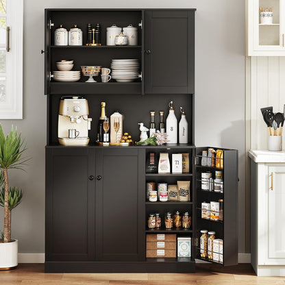 ONBRILL 71" Tall Kitchen Pantry Storage Cabinet, Kitchen Hutch, Black | Modern Food Pantry with Microwave Stand & Door Shelf, Freestanding pantry with 6 Door & Adjustable Shelves for Dining Room